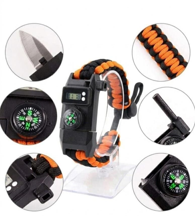 Paracord Dijital Saat Düdük Hayatta Kalma Turuncu Kamp Bilekliği Turuncu